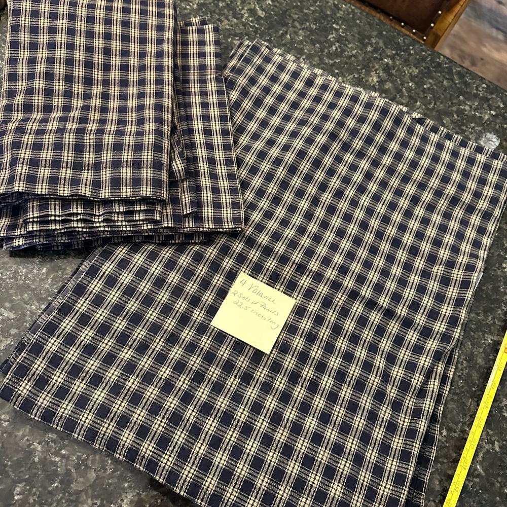 Plaid Primitive Valance’s (4) & 2 sets of Panels 22.5 inch long Navy Blue/Tan